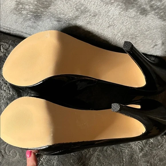 Black Patent Peep-Toe Platform 6 inch Heels with Rhinestone Ankle Strap - Picture 7 of 16